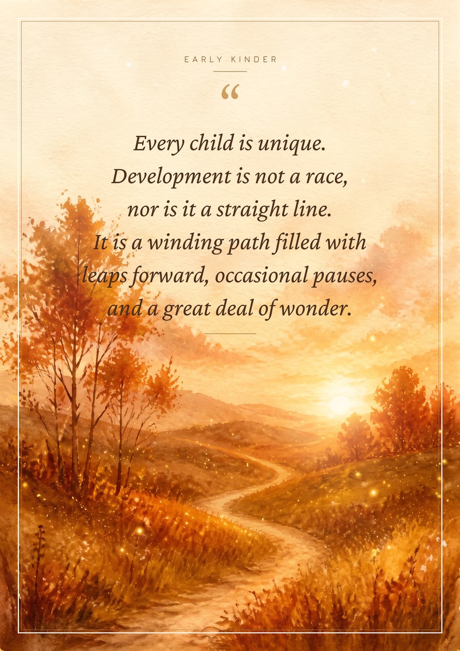 Sparkling warm watercolour landscape with the quote about every child being unique